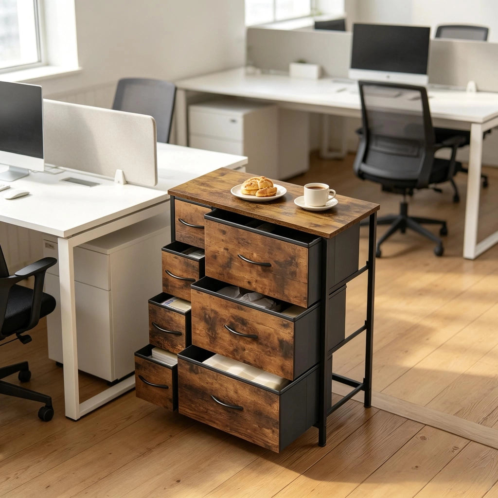 Mobile contenitore vintage con 7 cassetti in tessuto, in metallo e legno, per soggiorno e camera, 63,5 × 30 × 73 cm