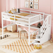 OKWISH Letto a Soppalco 140×200 cm, Letto Matrimoniale con Cassetti, Scala e Scrivania Integrata, senza Materasso, in Pino, Bianco