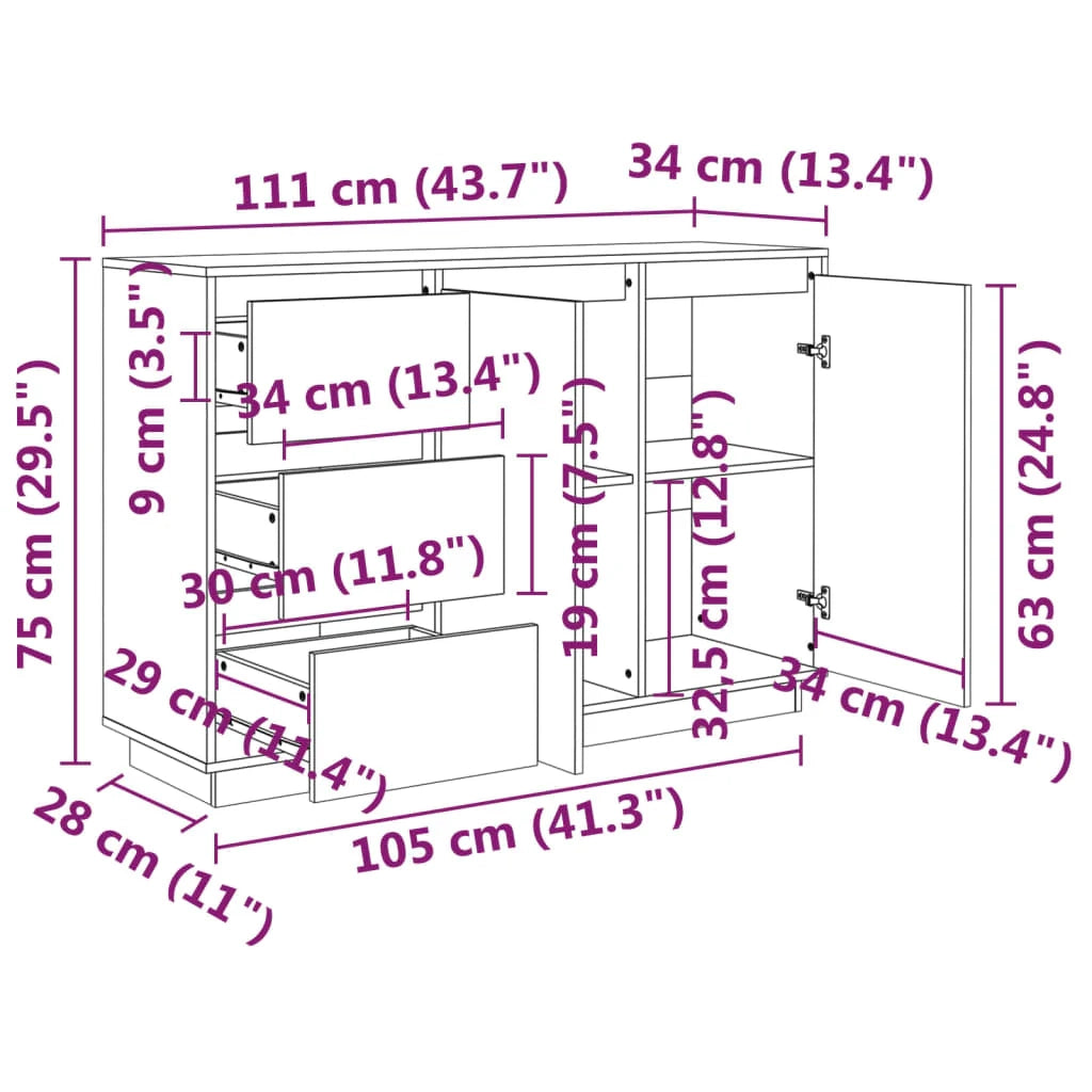 Buffet credenza cassettiera armadio mobile contenitore organizer per cucina soggiorno salotto 111 x 34 x 75 cm legno massello di pino bianco 02_0030203