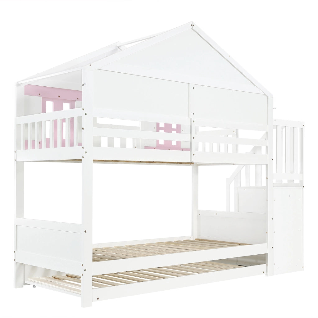 Letto a castello per bambini 90 × 200 cm con letto estraibile, scale contenitore e appendiabiti, senza materasso