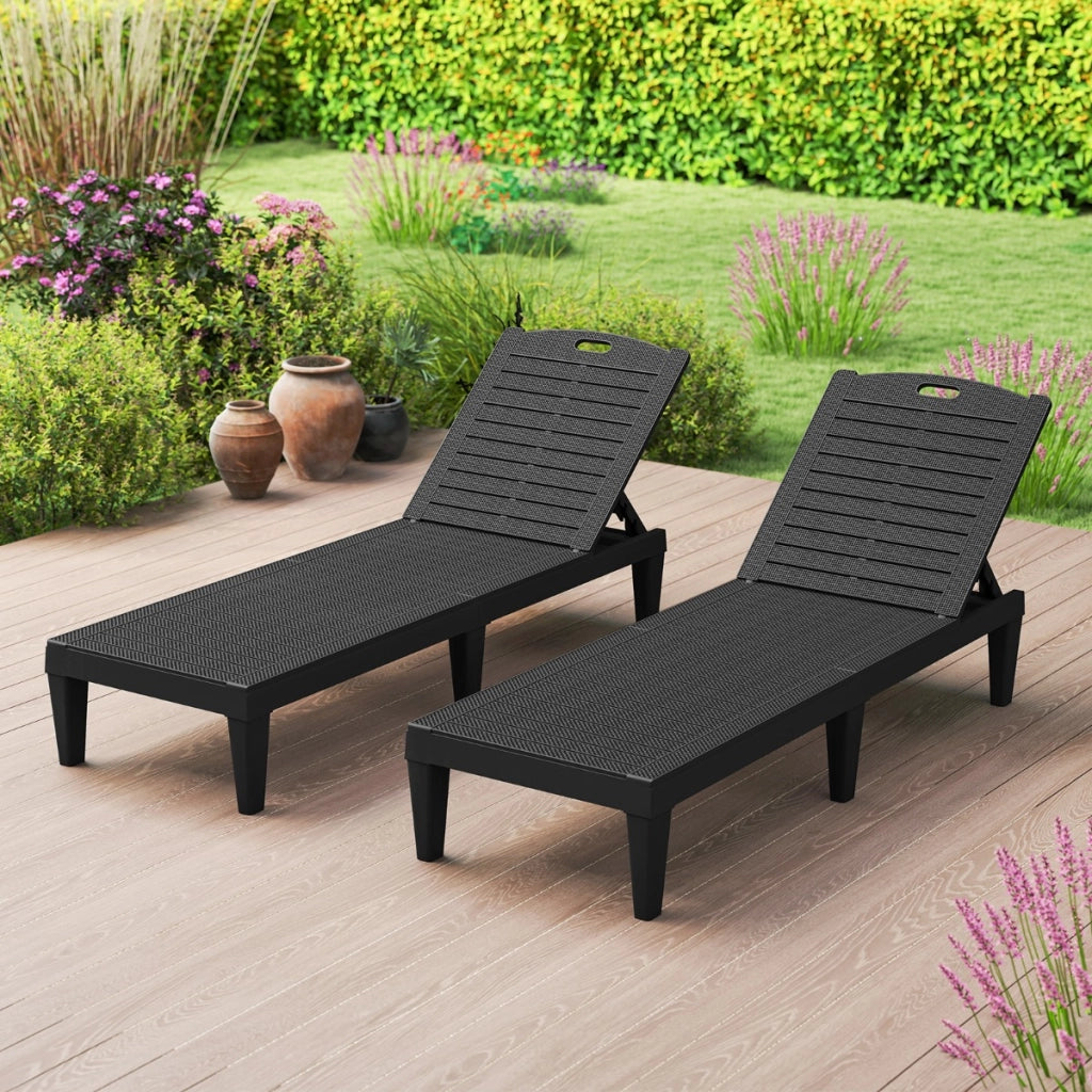 Set da 2 lettini prendisole con schienale regolabile in plastica, Lettino da giardino resistente alle intemperie Nero-Set mobili da esterno