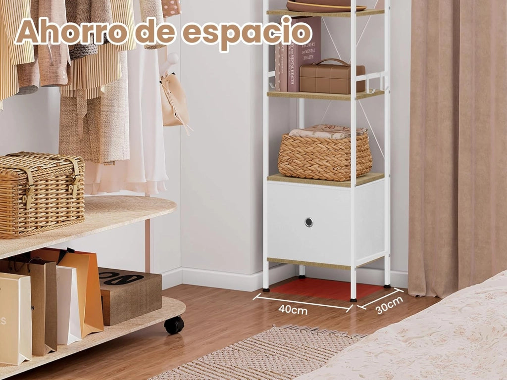 Libreria a 5 Piani, Scaffale ad Angolo Alto, Libreria Stretta con 1 Cassetto, Stile Moderno, Struttura in Acciaio, per Soggiorno, Ufficio, Studio, Camera da Letto, Rovere Chiaro+Bianco