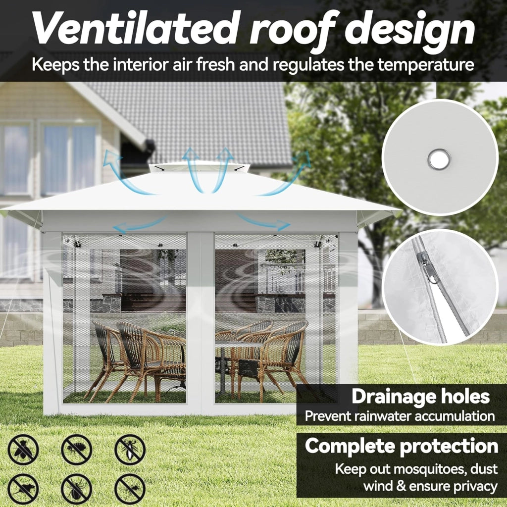 Gazebo 4 x 4 m, impermeabile, stabile, resistente all'inverno, per feste, pieghevole, altezza regolabile con doppio tetto e 4 zanzariere, gazebo da giardino con custodia, colore bianco