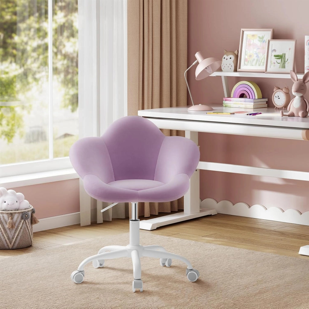 Sedia da Scrivania per Bambini, Sedia Ufficio Ergonomica Girevole e Regolabile in Altezza con Rotelle, Seduta a Forma di Fiore per Studio, Camera da Letto, Velluto, Viola Pastello