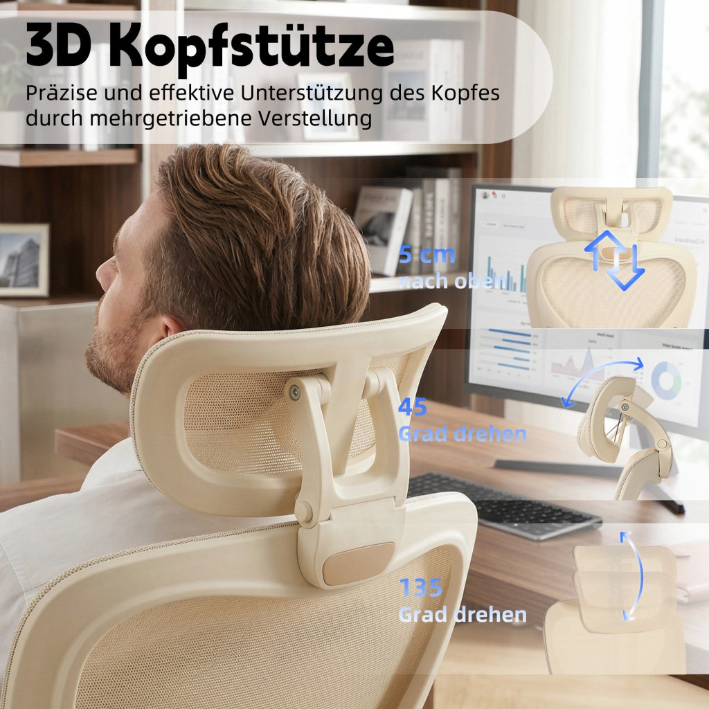 Sedia da ufficio ergonomica pieghevole salvaspazio con poggiatesta 3D, supporto lombare e schienale crema 65 × 61 × 40.5 cm