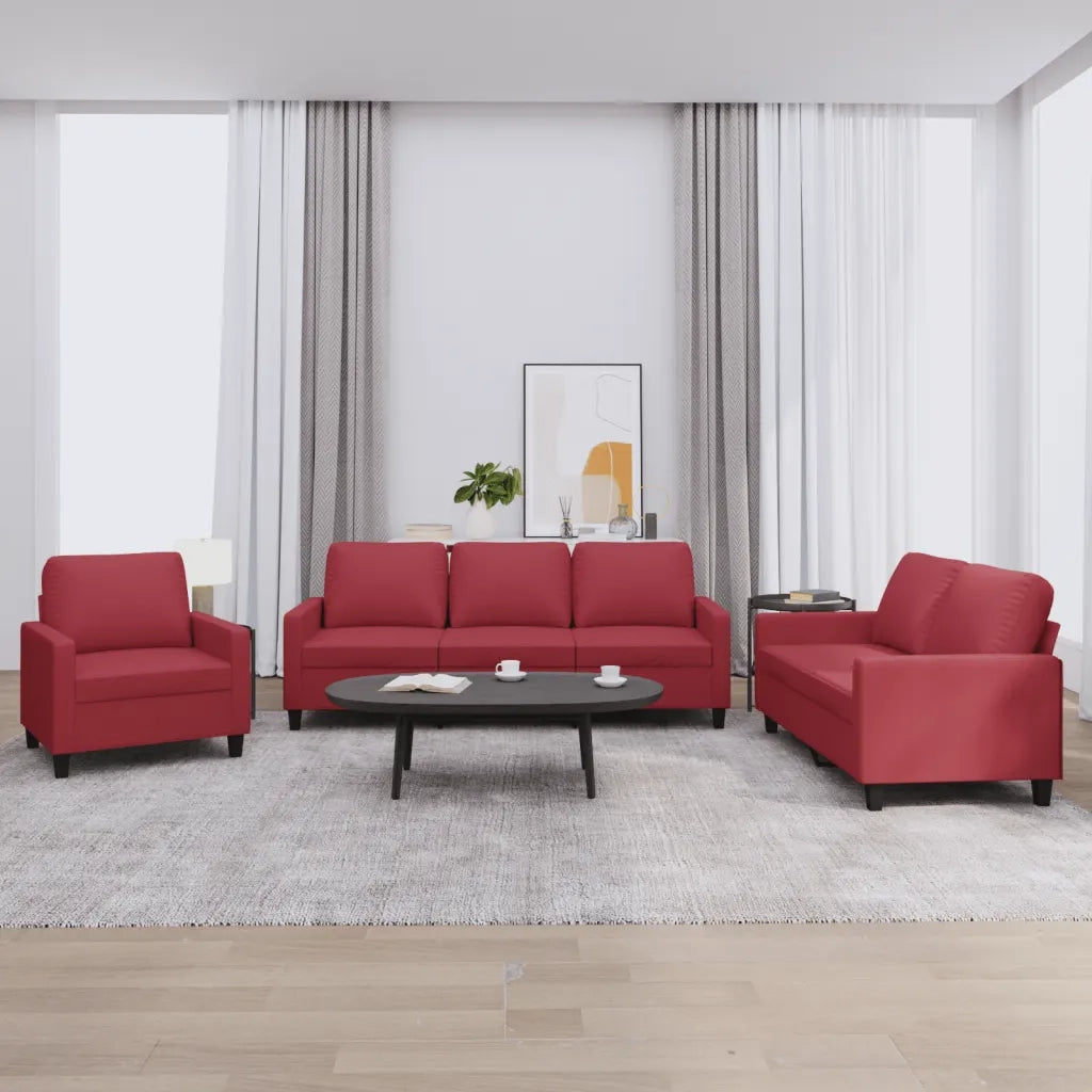 Set di Divani 3 pz con Cuscini Rosso Vino in Similpelle 3201401