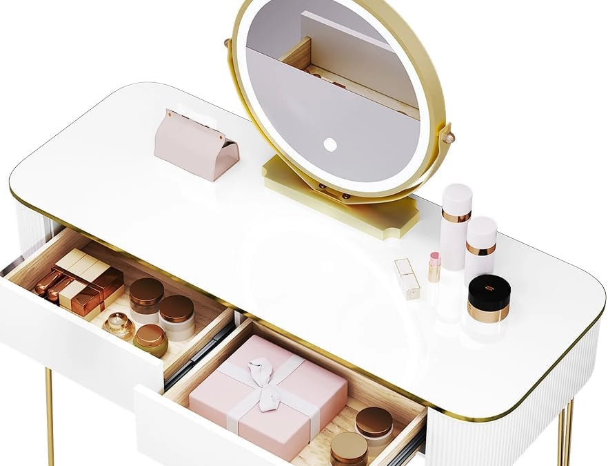 EUGAD Toeletta da Trucco con Luci LED, Luminosità Regolabile, Postazione Trucco con Specchio, 2 Cassetti in Legno, Piano Lucido 100x40 cm, Moderno, Bianco + Oro