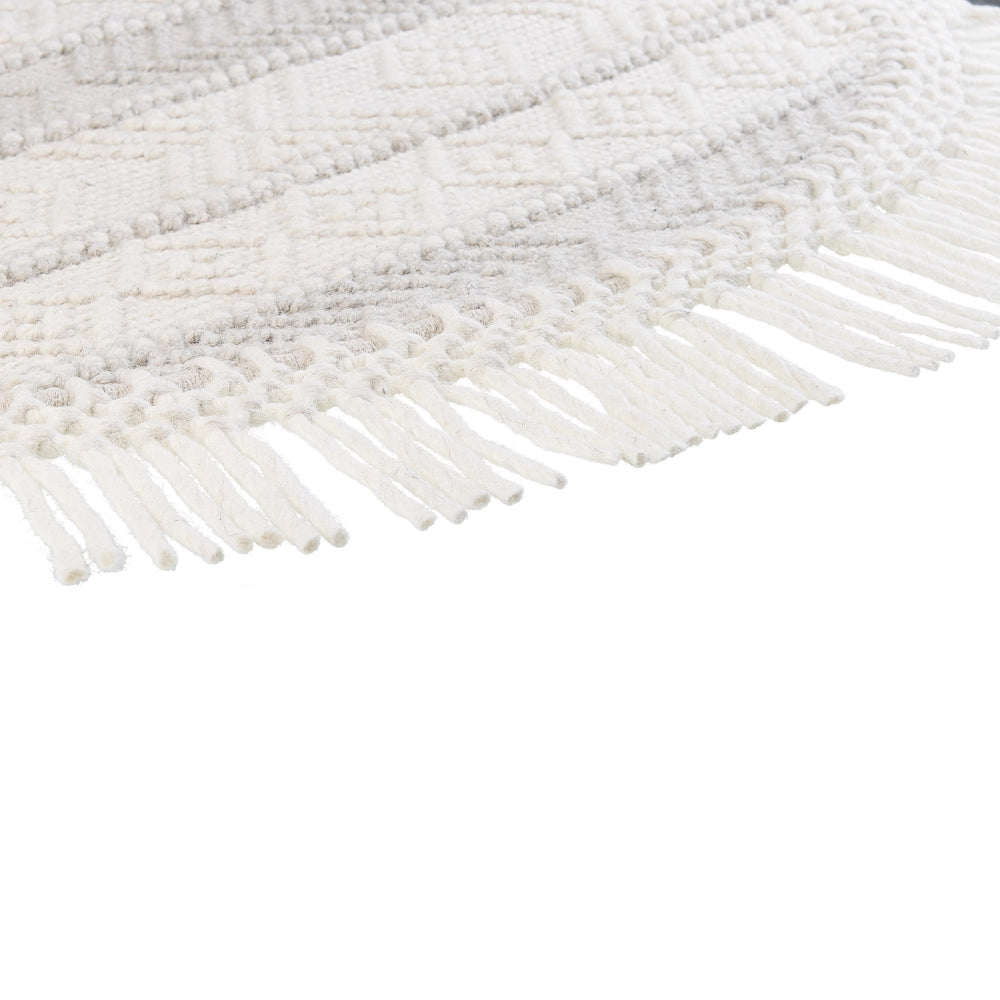 Tappeto Beige Lana Poliestere ⌀ 140 cm Tessuto a mano a trama piatta con frange Motivo geometrico