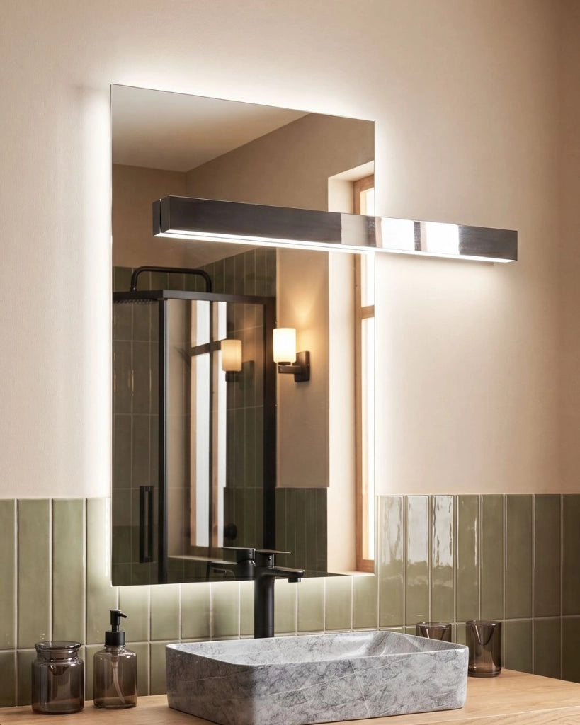 Specchio rettangolare da parete a sospensione con illuminazione a LED per camera da letto e bagno, 50 x 100 cm, argento