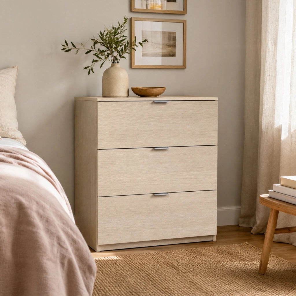 Cassettiera Rea, Settimanale moderna a 3 cassetti, Mobile ComÒ² basso per camera da letto, Mobile Settimanale, cm 77x38h80, Rovere