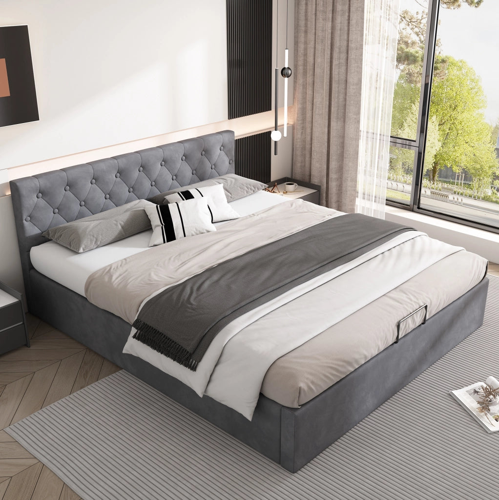 Letto matrimoniale 140x200 cm in velluto grigio con testiera capitonn茅 e contenitore idraulico