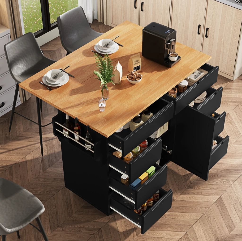Isola da cucina 122x74.5x91.5 cm pieghevole; 8 cassetti; MDF nero