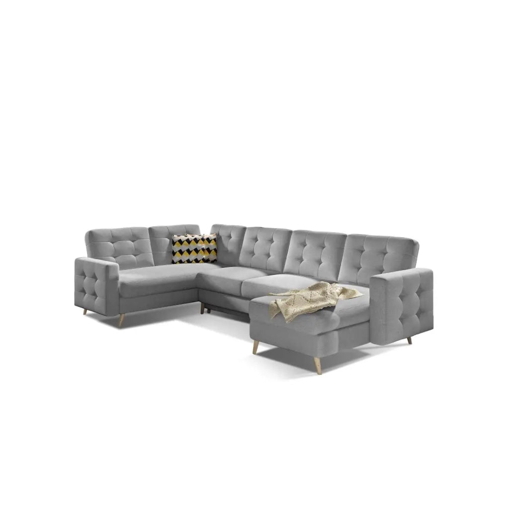 Divano angolare panoramico convertibile U HASGARD 326 cm grigio chiaro con contenitore