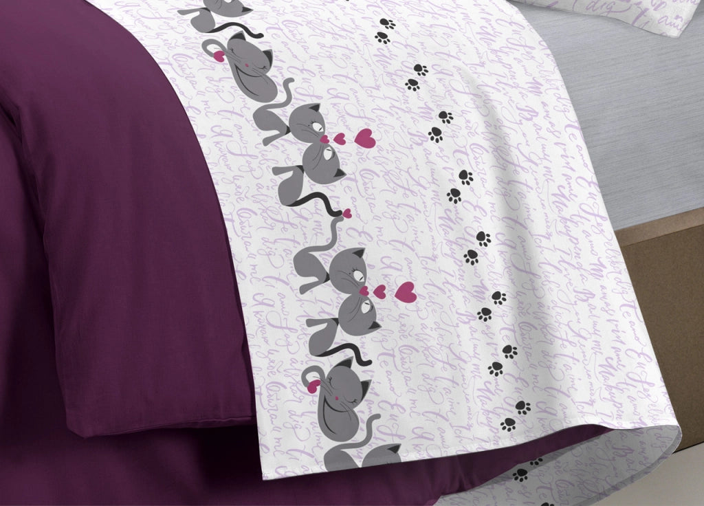 Completo Lenzuola Linea Pensieri Delicati 100% Cotone Disegno Gattini - Piazza E Mezza - Rosa