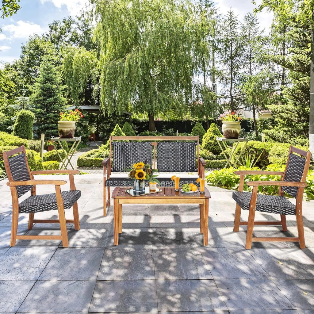 4 Pezzi Set Mobili da Esterno in Legno di Acacia, Set di Tavolino e Sedie con Seduta e Schienale in Rattan, Set Salotto per Giardino Patio e Terrazza