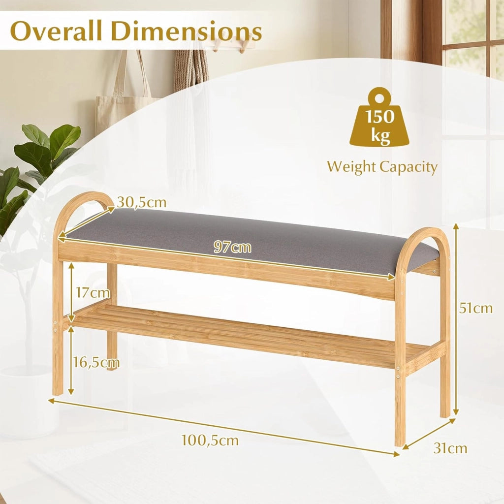 Panca scarpiera in bambù, seduta imbottita e scaffale aperto a doghe, organizer per scarpe, 100,5 x 31 x 51 cm, panca per ingresso, corridoio, camera da letto