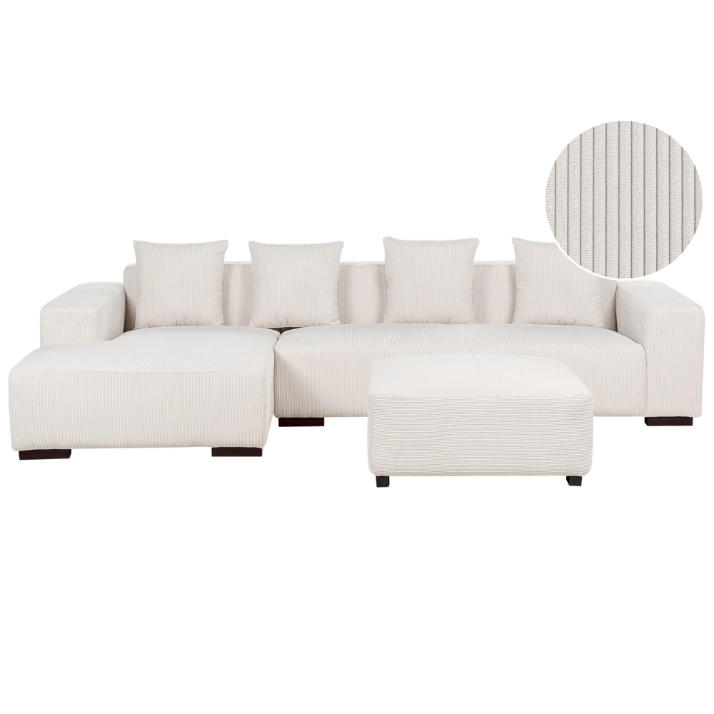 Divano angolare a L con cuscini 4 posti in velluto a coste bianco sporco con ottomana versione a destra stile elegante moderno