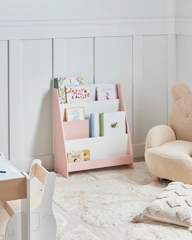 Scaffale per bambini con 4 ripiani in MDF in legno rosa pastello cameretta espositore per libri