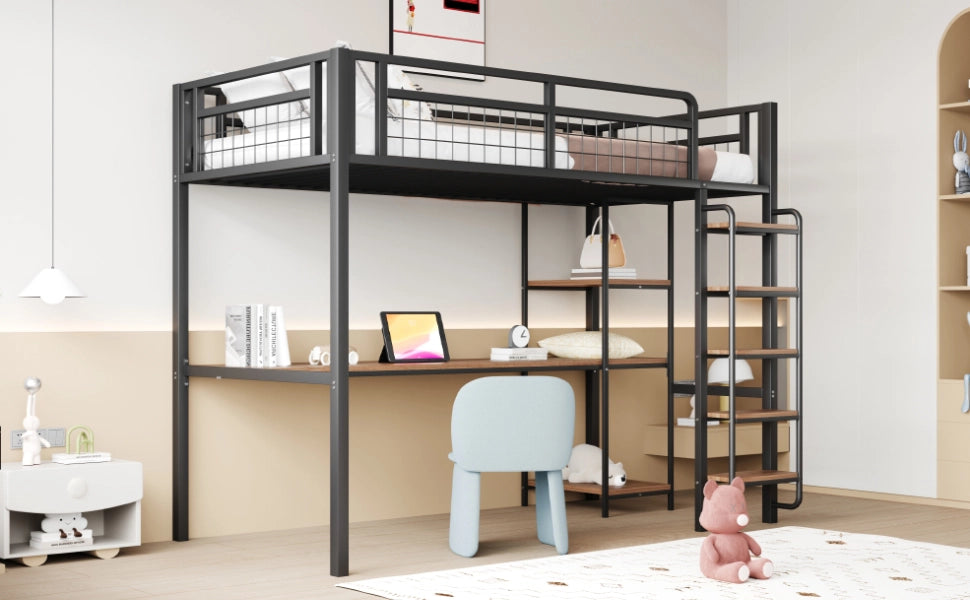 Letto a castello singolo nero in metallo con scala recinzione di sicurezza 90x200cm