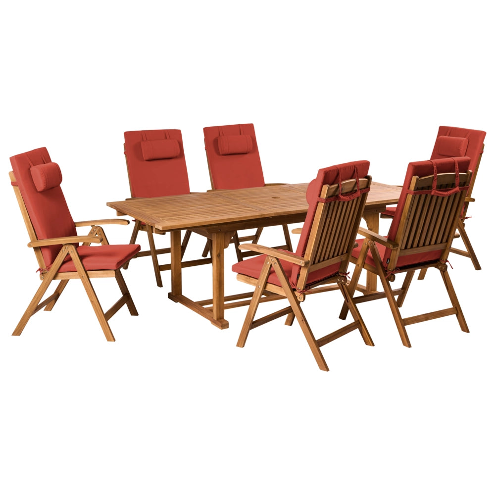 Set da pranzo da giardino a 6 posti in legno di acacia e sedie pieghevoli con cuscini rosso regolabili per esterni in stile country
