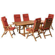 Set da pranzo da giardino a 6 posti in legno di acacia e sedie pieghevoli con cuscini rosso regolabili per esterni in stile country
