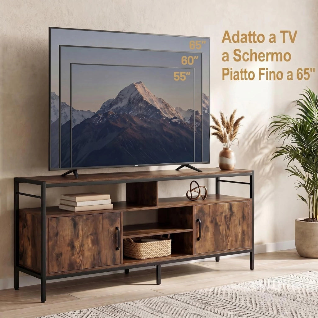 Mobile TV per Soggiorno, Mobile TV con 4 Ripiani Aperti e 2 Armadietti Chiusi, per Televisori fino a 65 Pollici, Stile Industriale con Struttura in Metallo per Camera da Letto (Marrone)
