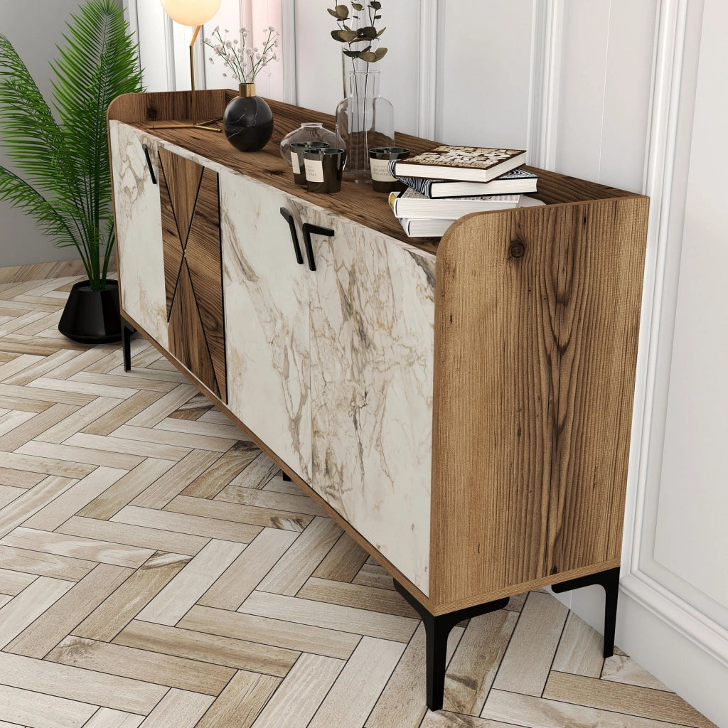 Credenza in legno "Venedik" - 180 x 35 x 78 cm - Bianco marmorizzato