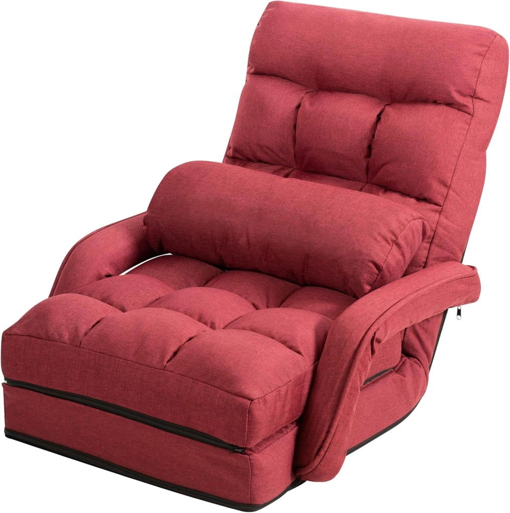 Poltrona Divano con 5 Livelli Regolabili, Sedia da Terra con Braccioli e Cuscino, Struttura in Acciaio, Multifunzione e Pieghevole per Soggiorno Camera da Letto, 55x66x71 cm (Grigio)