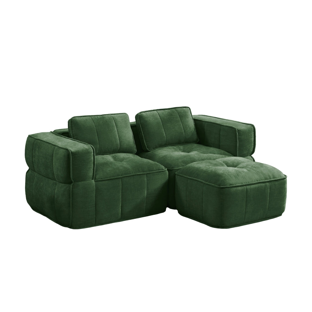 Divano modulare a 2 posti con pouf e base antiscivolo per soggiorno in poliestere verde
