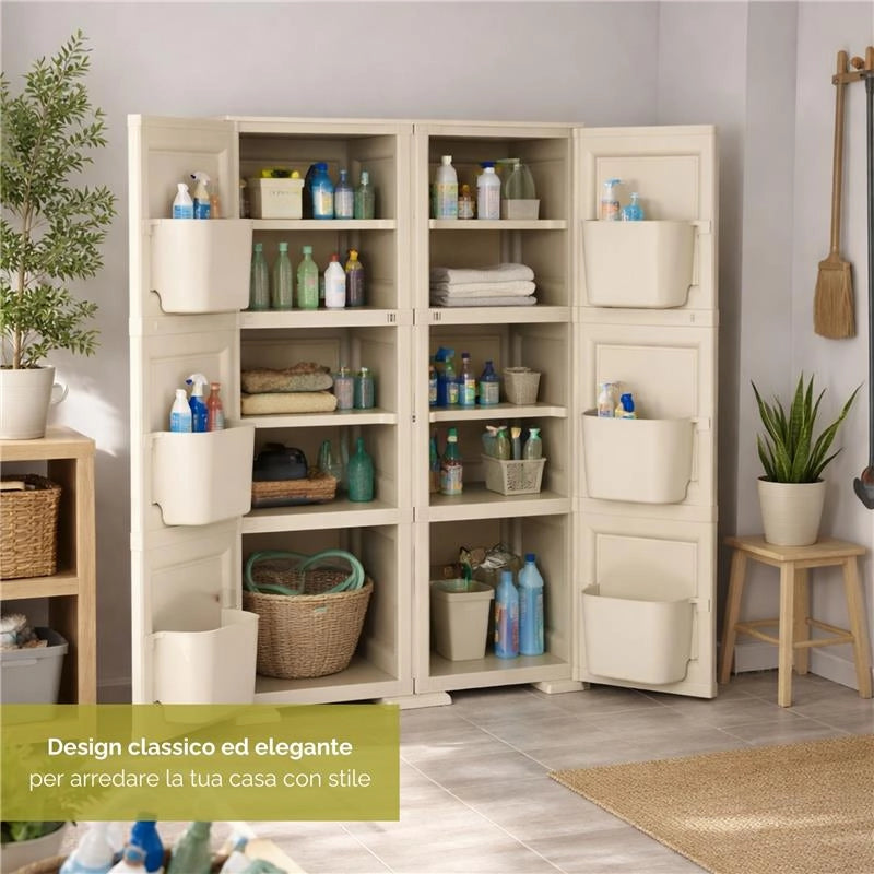 MOBILE MULTIUSO 2 ANTE ANGORA 79X43X125 CM CON 3 MODULI E 6 TASCHE LATERALI – ARMADIO ORGANIZZATORE VERTICALE CON RIPIANI E ANTE LISCE