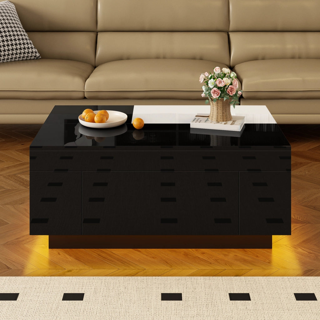 Tavolino da salotto alzabile con 1 Cassetto nascosto e LED Bluetooth; finitura lucida; in MDF; Nero e Bianco