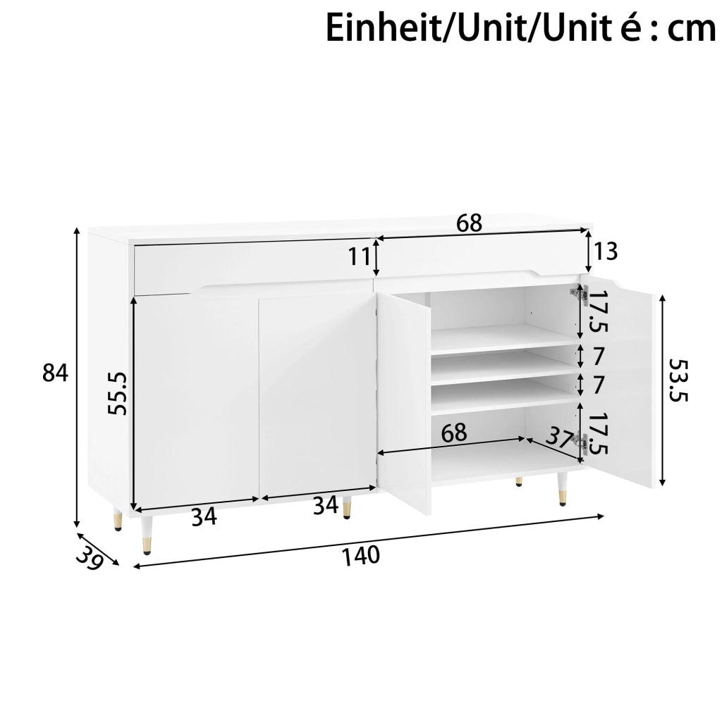 Armadio portascarpe moderno 140x39x84 cm bianco con gambe dorate; 2 cassetti e ripiani regolabili