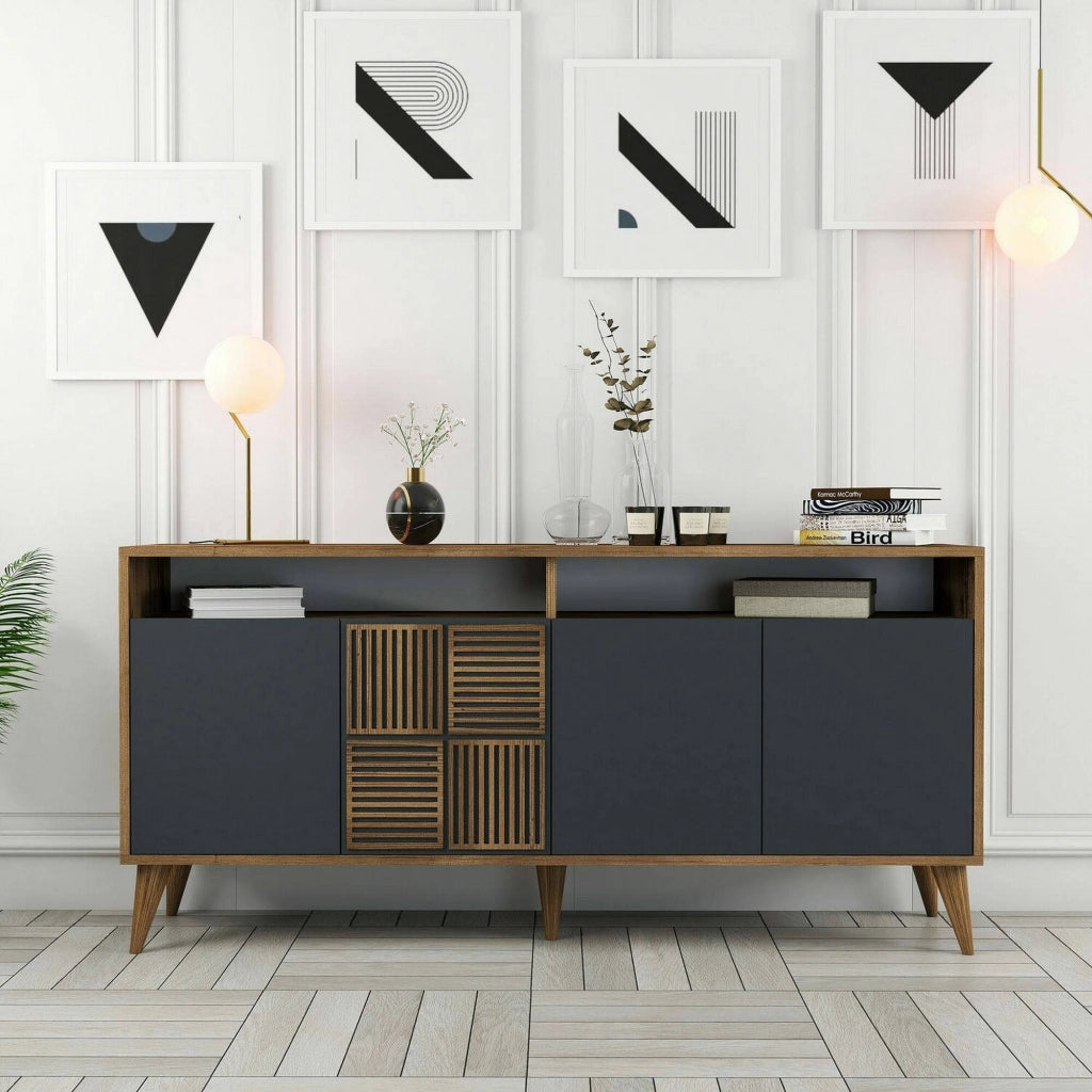 Credenza Garigliano, Buffet da soggiorno, Madia da salotto, Dispensa da cucina, 160x35h79 cm, Noce e Antracite