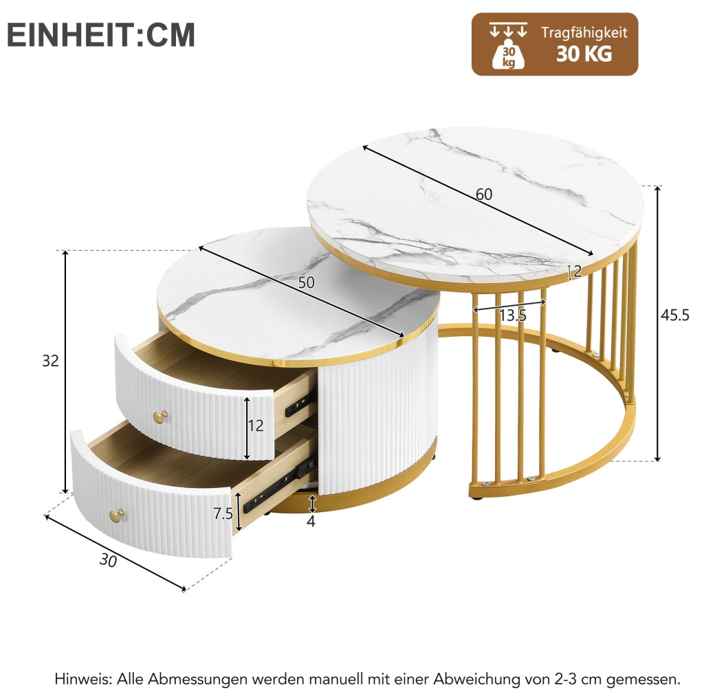 Set di 2 tavolini da caffè rotondi 60x60x45;5 cm e 50x50x32 cm; bianco lucido