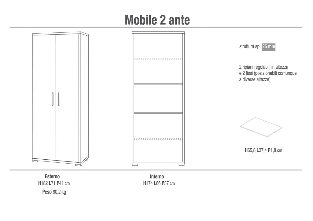 Armadio 2 Ante 71x182x41 cm Noce Stelvio