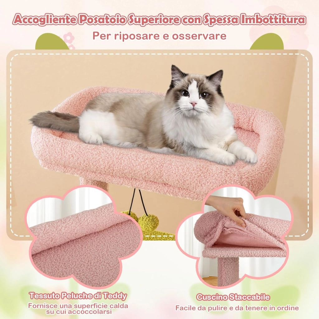 Tiragraffi per Gatto Alto 150 cm Stile Floreale, Albero Tiragraffi Gatti con Pali in Sisal, Piattaforme, Grotta e Pompon, Torre Gatto Rivestito in Peluche, Rosa e Verde