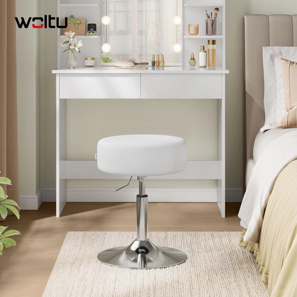Set di 2 Sgabelli Bassi da Bar, Sgabello Regolabile in Altezza, Sedia da Trucco, Sgabello Girevole con Sedile in Velluto a Coste, Base in Metallo, per Salone, Massaggi, Nuvola Bianca