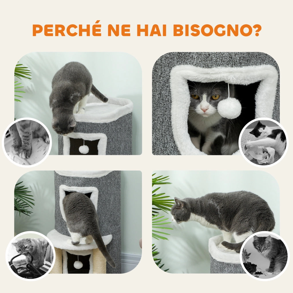 Albero Tiragraffi per Gatti Alto 76 cm con Casette Lettino Palline e Pali in Sisal Grigio