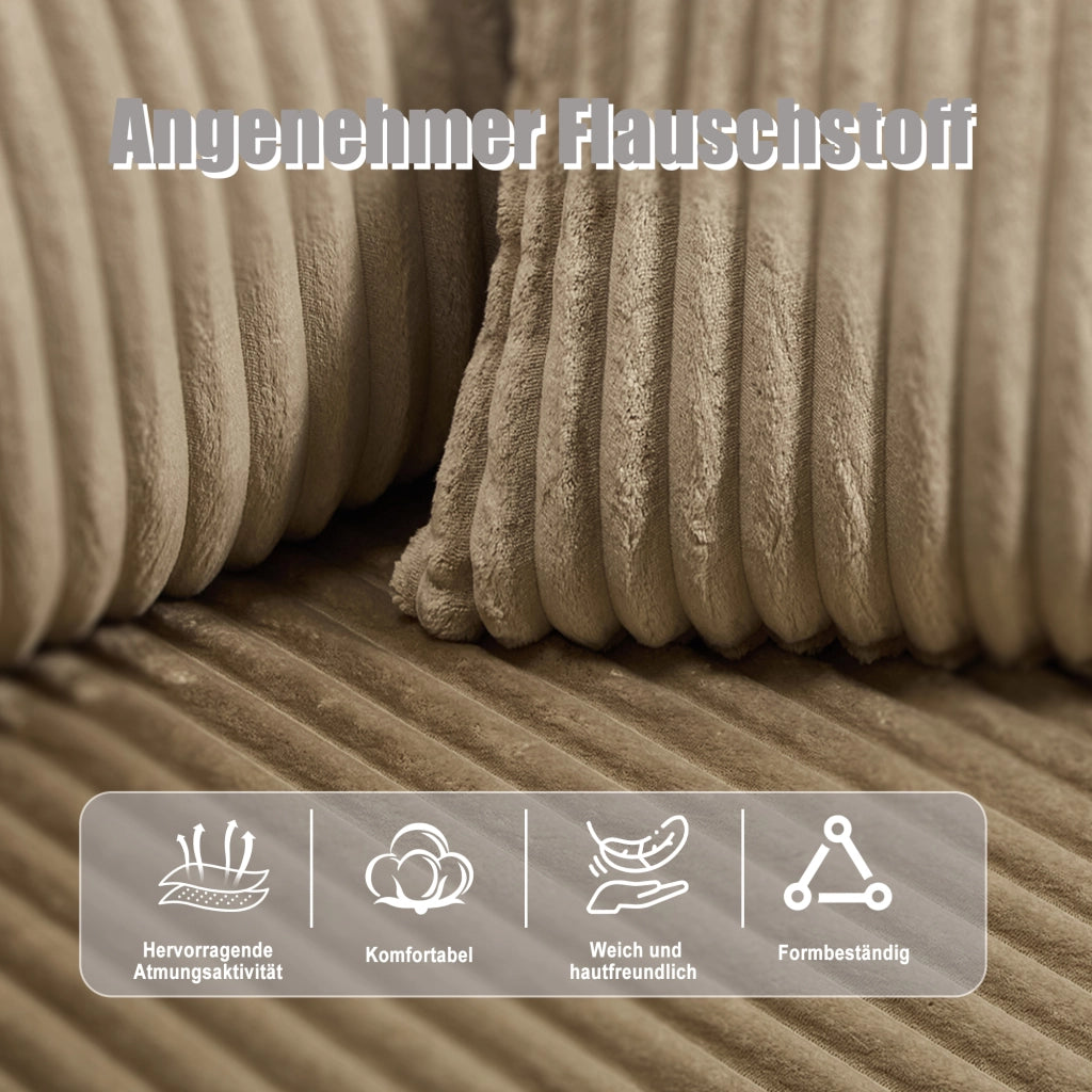 Canapé modulare con chaise longue e 2 posti con tasche laterali portabicchieri e 5 cuscini in velluto khaki