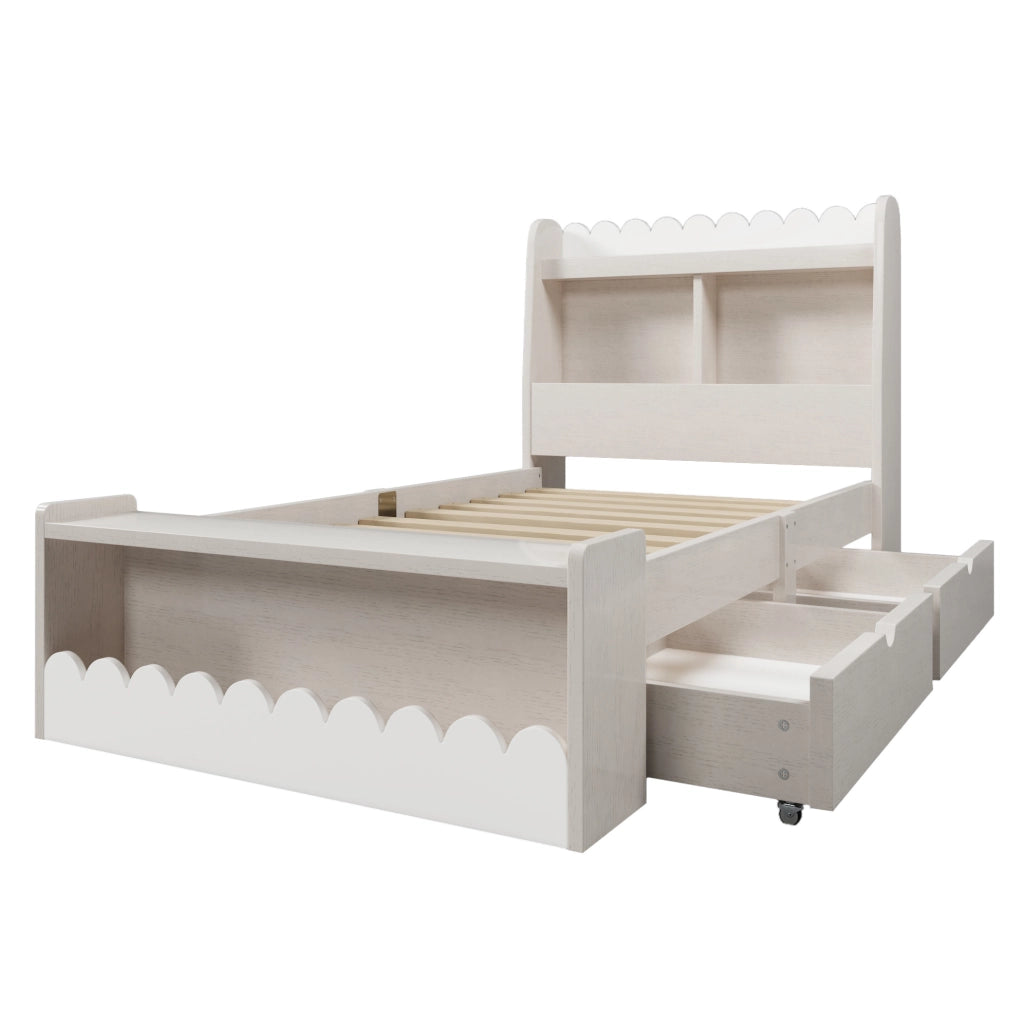 Letto singolo 90x200 cm con cassetti e ripiani; legno massello e MDF bianco e rovere