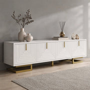 Mobile porta TV con 4 ante e ripiani interni, linee strutturate, maniglie e gambe dorate, bianco, 160 × 38 × 44,5 cm
