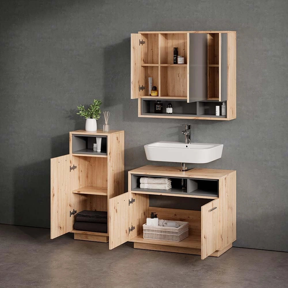 Specchio contenitore bagno Beatrice, Rovere artigianale/antracite, 80 x 72 cm, per montaggio a parete con ripiani aperti