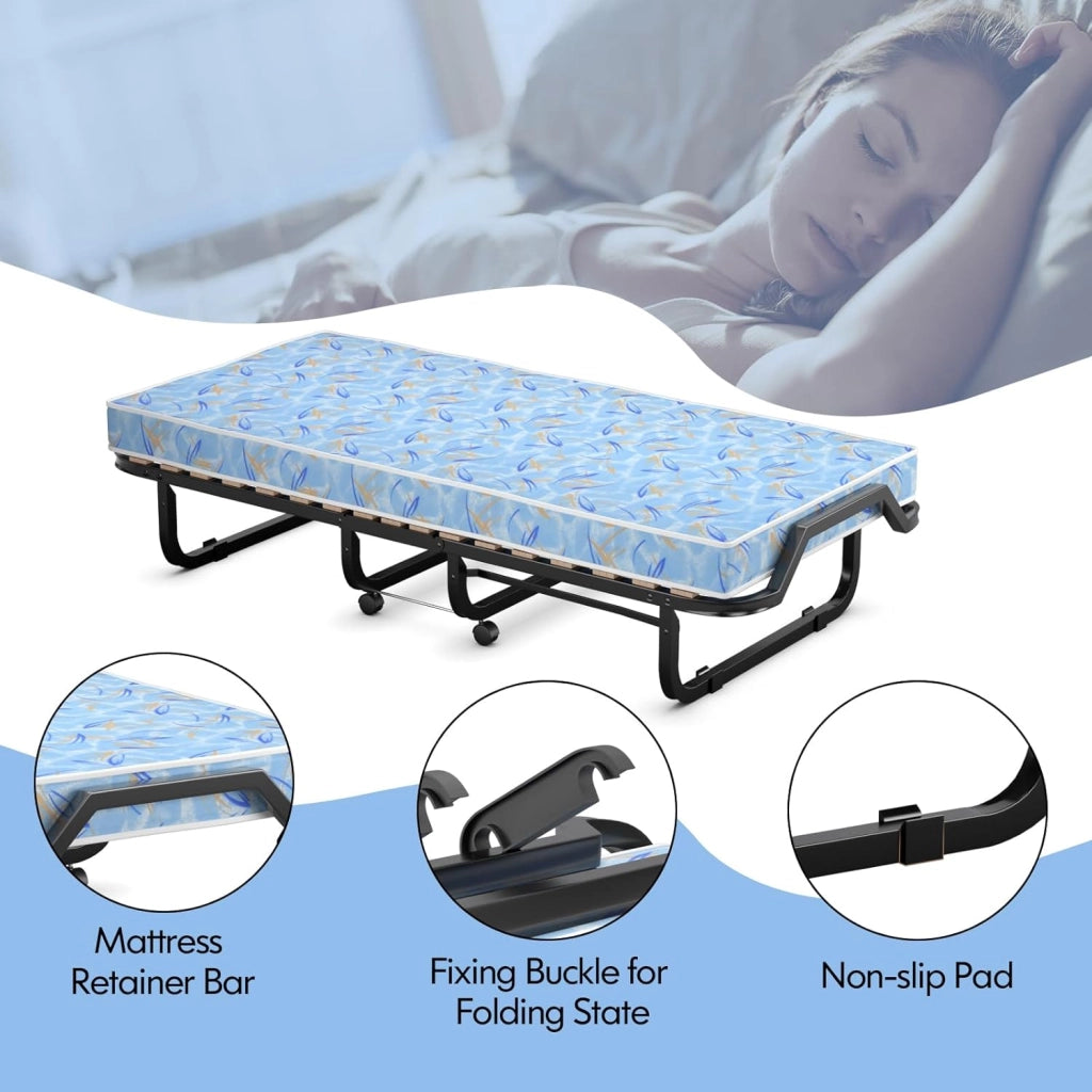 Letto Pieghevole 90 x 200 cm per Adulti e Ospiti, Con Materasso, 4 Ruote e Rete a Doghe - Singolo da Viaggio