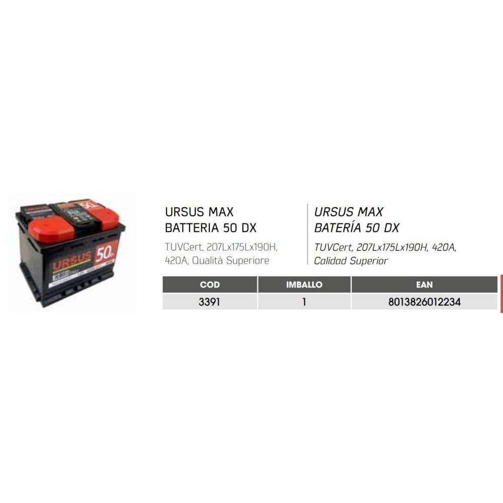 Ursus batteria auto da 50ah dx, 12v, spunto 420a, l 207 x p 175 x h 190mm