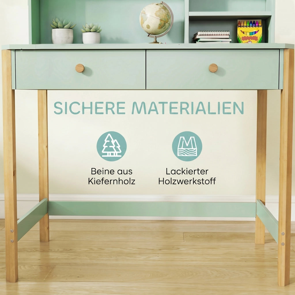 Scrivania per bambini con cassetti e scaffale ¨C zephmum ¨C Verde 90x52x105 cm