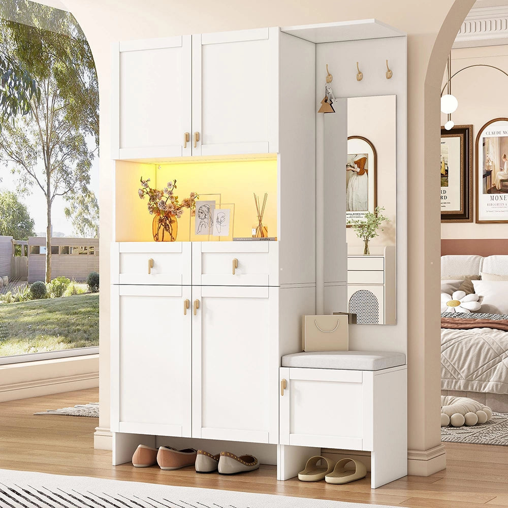 Vestiaire completo con panchina e armadio scarpe - Xylo - 120x180x33,5 cm - Bianco - 3 ganci, 5 ante, 2 cassetti, specchio
