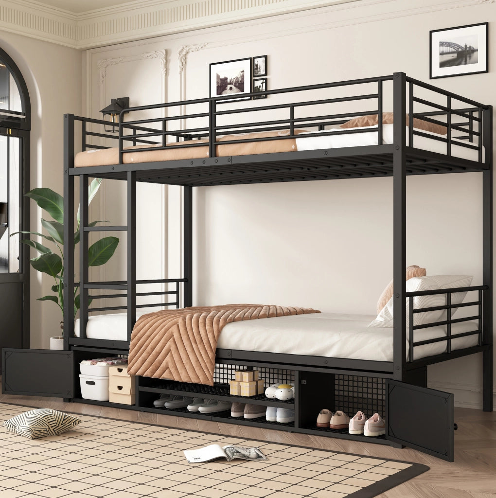 Letto a castello in metallo 90x200 cm con scala; ripiano per scarpe e 2 armadietti nero