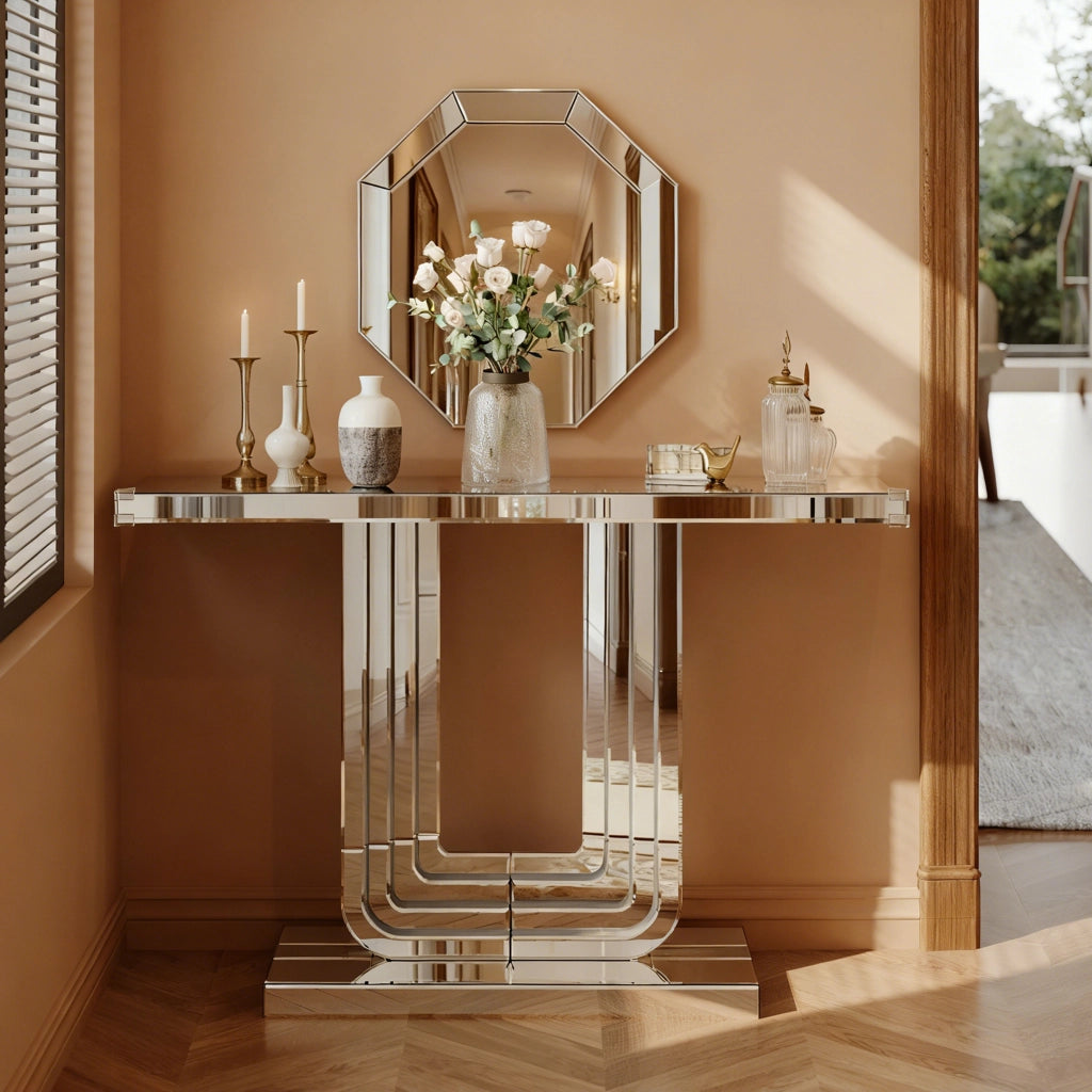 Consolle specchiata con base a U in MDF effetto vetro argentato per ingresso e soggiorno 135 × 40 × 31,5 cm