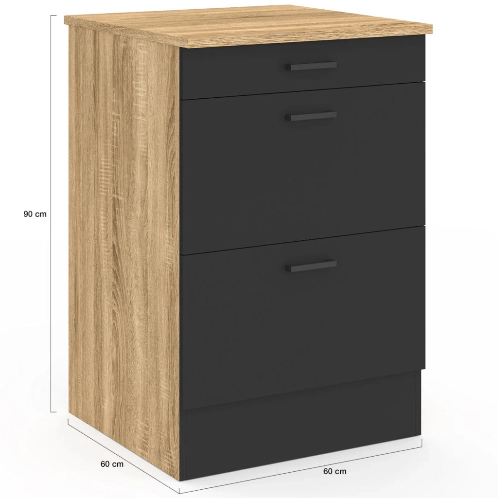IDMarket - Base cucina 60 cm SUBTIL casseruola occasionale 3 cassetti legno e nero