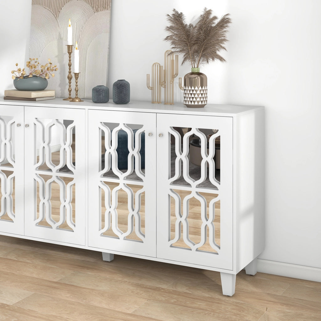 Credenza bianca a specchio con 4 ante e ripiano interno mobile, maniglie in vetro, soggiorno e ingresso 160 × 40 × 84 cm